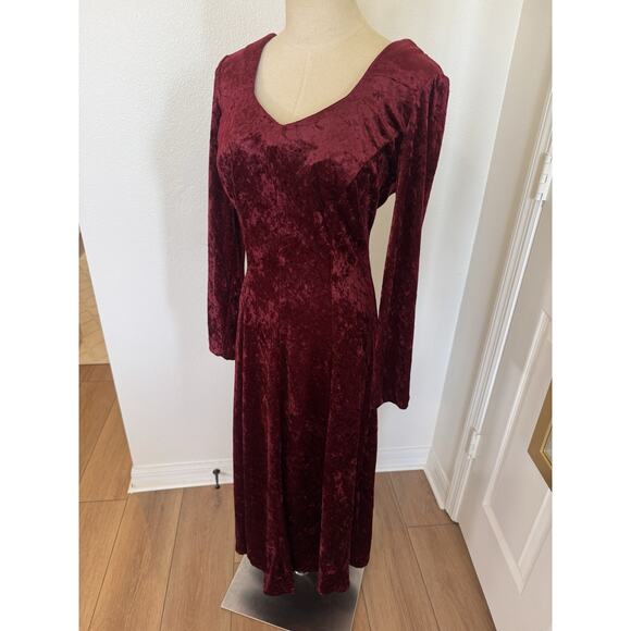 Vintage 80s Molly Malloy Size 8 Crushed Velvet Maroon Red Midi Dress Open Back - Picture 11 of 13